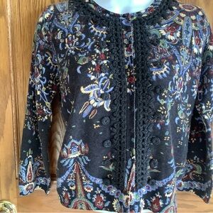 100% Cashmere Neiman Marcus cardigan with crochet detailing,  snaps.